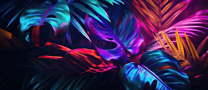 Nature theme with vibrant tropical leaves and neon light square in a creative fluorescent color layout Flatlay with copy space image