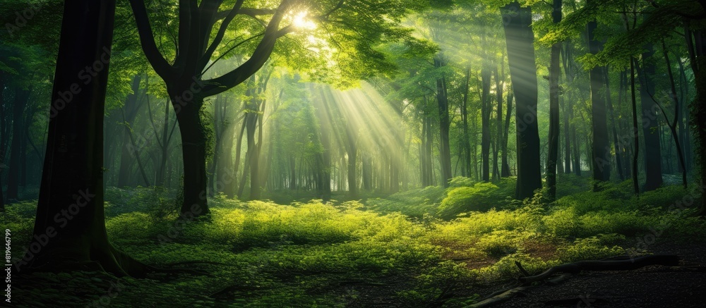 Sticker Lush forest with a serene atmosphere in the morning perfect for a copy space image