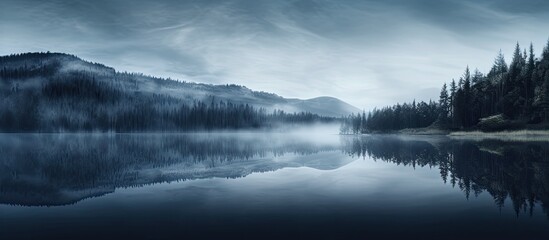 Fototapeta premium Resembling mist floating on the mirror like surface of the tranquil lake creating a serene and captivating ambiance with a copy space image