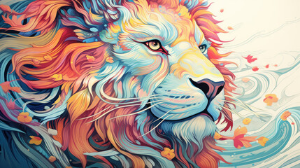 Lion looking into the distance, Modern simple color background, poster or banner.