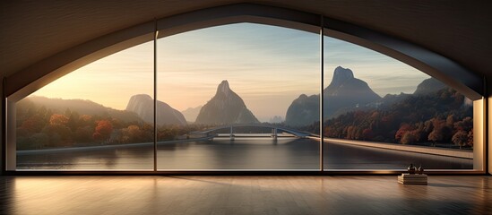 Above the bridge there is a large window with a scenic mountain view in the background suitable for use as a copy space image