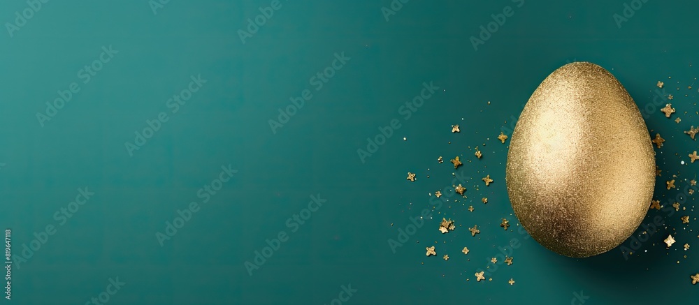 Poster Flat lay composition featuring a golden glitter Easter egg placed on a green paper background to create a minimalistic and creative concept with copy space image