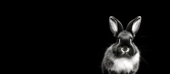 beautiful black and white rabbit on a black background the animal looks straight. Copy space image....