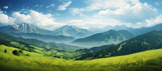 Scenic green mountains fully covered with forests contain glades reflecting bright green grass and colorful flowers creating a picturesque copy space image