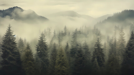 Misty landscape with fir forest in vintage retro style.