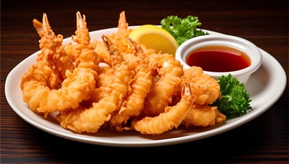 Shrimp tempura, delightful Japanese dish, shrimp battered and deep-fried until crisp and golden brown