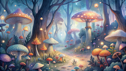 A whimsical illustration of a magical forest filled with towering mushrooms, sparkling fireflies, and friendly woodland creatures