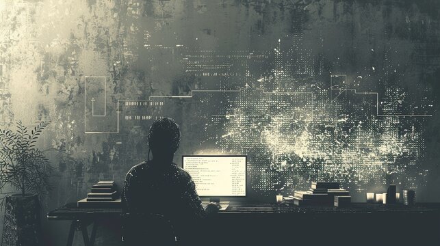 Hacker coding in a neonlit cyber cafe, digital graffiti on walls, cyberpunk, neon, moody lighting, intricate code details