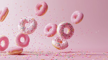 Multiple round donuts tumbling through the air, leaving a trail of sprinkles against a softly lit solid color background