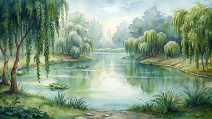 A tranquil pond surrounded by weeping willows, their graceful branches dipping into the water, creating a peaceful haven for wildlife