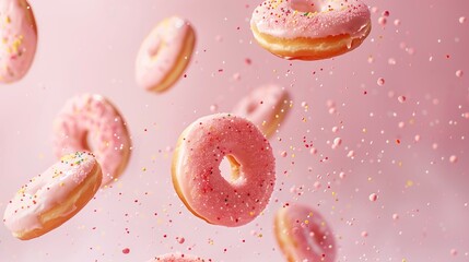 Multiple round donuts tumbling through the air, leaving a trail of sprinkles against a softly lit solid color background