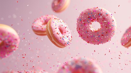 Multiple round donuts tumbling through the air, leaving a trail of sprinkles against a softly lit solid color background