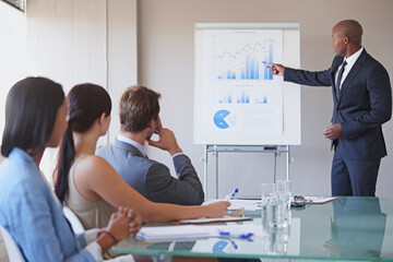 Businessman, people and statistics presentation for discussion, company and financial progress and...