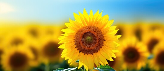 A vivid sunflower stands among a field of sunflowers on a sunny summer day with a blurred background creating copy space image