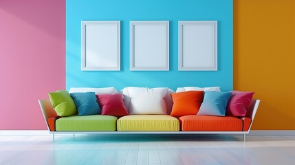 Vibrant hues splash across a room where three clean white frames wait to be filled, contrasting with the colorful sofa beneath