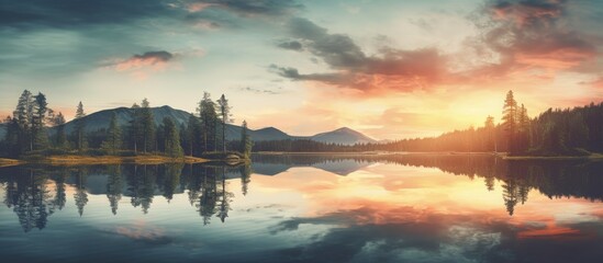 Rustic lake landscape at sunset with vintage vibes showcasing symmetrical reflections trees mountains and beautiful skies perfect for a quaint outdoors travel copy space image