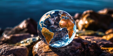 The transparent globe is resting on a pile of rough wet rocks, with smooth and round glass globe. A glass globe on a beach with blurring background. The globe is clear and has a colorful map. AIG35.