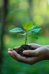 floral growing, two hands holding a young plant growth in soil, green nature and ecology concept, environmental protection, blurred springtime background, photorealistic // ai-generated 