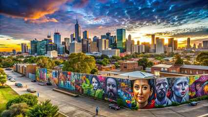 Panoramic view of a city skyline with a large graffiti mural as the focal point, adding a touch of urban artistry to the landscape 