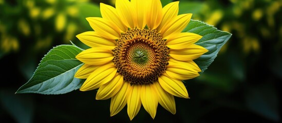 Obraz premium Close up image of a young sunflower featuring green and yellow colors with copy space image included