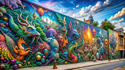 An expansive full-wall mural depicting a surreal scene of fantasy creatures and abstract shapes, transforming an ordinary street into a whimsical wonderland