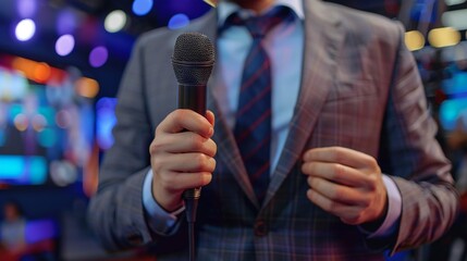 Reporter in a suit conducting a live interview, aiming microphone, modern broadcast studio, high contrast, photorealistic, detailed 8K , high-resolution, ultra HD,up32K HD