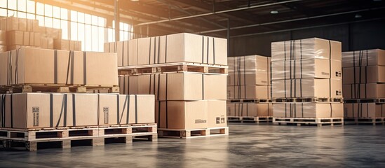 Cargo shipment boxes Manufacturing and warehousing Stack of cardboard boxes on pallet at the warehouse storage. Copy space image. Place for adding text and design