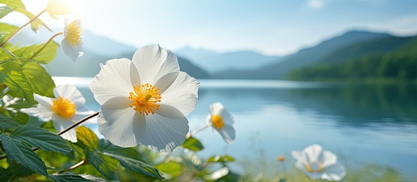 Nature themed background complements a beautiful Eight o clock flower Turnera in a picturesque setting with copy space image