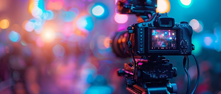 Television broadcast of a live interview, journalist with electronic background, vibrant colors, high contrast, photorealistic, detailed 8K , high-resolution, ultra HD,up32K HD