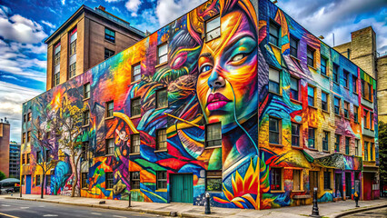 An abstract graffiti mural covering an entire building facade, creating a mesmerizing display of urban artistry and expression