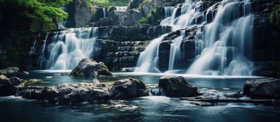 Scenic view of cascading waterfalls flowing over textured rocks with copy space image