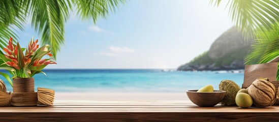 Obraz premium Summer product display on wooden podium with copy space image on a scenic tropical beach