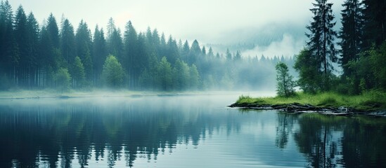 Soft focus image of a forest on a misty lake during an early summer morning with drizzling rain ideal for a copy space image