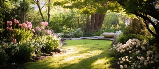 Springtime scene of a neglected garden with lush untamed vegetation perfect for a copy space image
