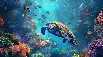 sea turtle swimming in the sea, ocean background, illustration generativ ai
