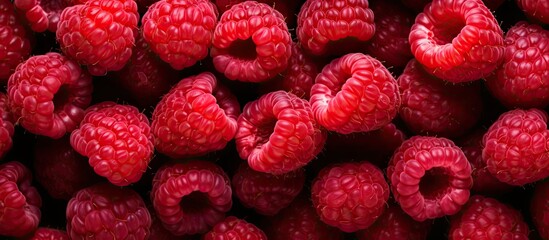 Close up top view of a delicious raspberry heap forming a textured background with copy space image