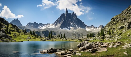 Mountain lakes panorama with a tower perched on a rock creating a captivating copy space image