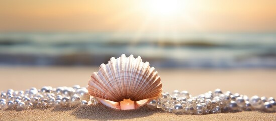 A seashell with valuable pearls resting on the sandy shore with copy space image