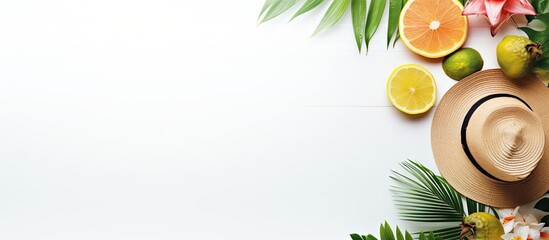 Summer vacation essentials displayed on a white background for banner design purposes with copy space image