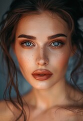 Obraz premium A vision of beauty and refinement, a young brunette with exquisite evening makeup gazes softly at the camera with a kind, tender expression, captivating viewers with her allure.