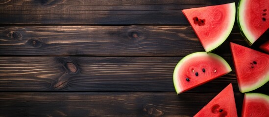 Top view of fresh watermelon slices and chunks displayed on a wooden surface with a rustic appearance creating a picturesque copy space image - Powered by Adobe