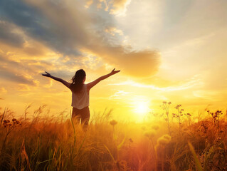 Person with arms raised in a field at sunset, giving a sense of freedom, against a vibrant orange sky. Generative AI