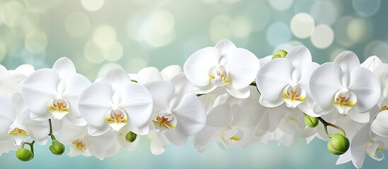 Plakat Fresh floral background with blooming white moth orchid flowers Macro shot in a greenhouse with copy space image