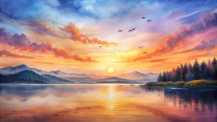 Fototapeta na wymiar A breathtaking sunset casting a golden glow over a peaceful lake, with silhouettes of birds soaring overhead and the distant mountains painted in hues of orange and pink