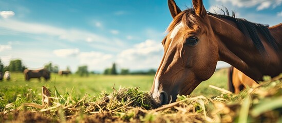 Close up image of a horse eating on a sunny summer day at a horse ranch with a background of open fields perfect for copy space image - Powered by Adobe