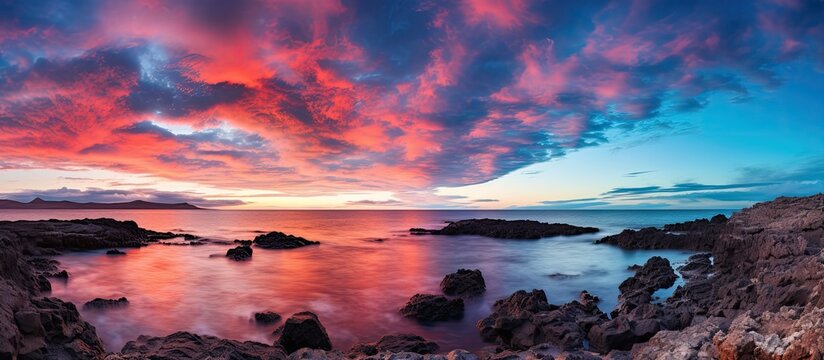 Dramatic sky during sunset on the rocky coast in Tenesar Lanzarote featuring a copy space image