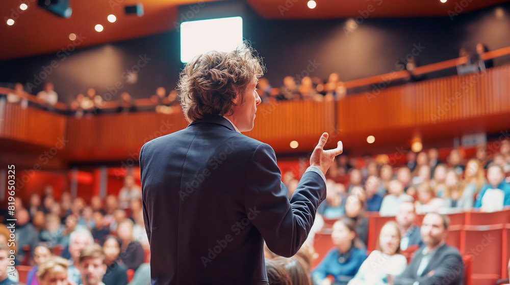 Aufkleber a speaker presenting to an audience in an auditorium, photo with a focus on engagement and public sp