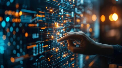 A hand is pointing at a computer screen with a lot of glowing lines and numbers