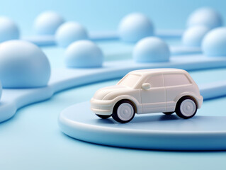 A stylized white toy car on a blue background, concept of simplicity and playfulness. Generative AI