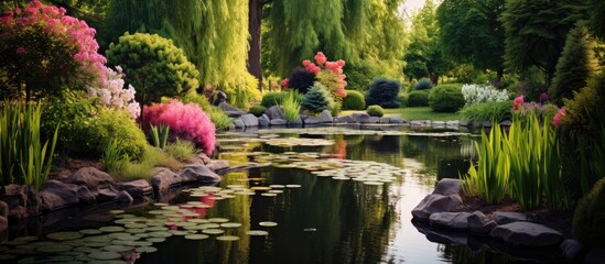 Fototapeta premium Scenic garden with serene pond and lush greenery perfect for outdoor activities and relaxation with empty area for text or image insertion. Copy space image. Place for adding text and design